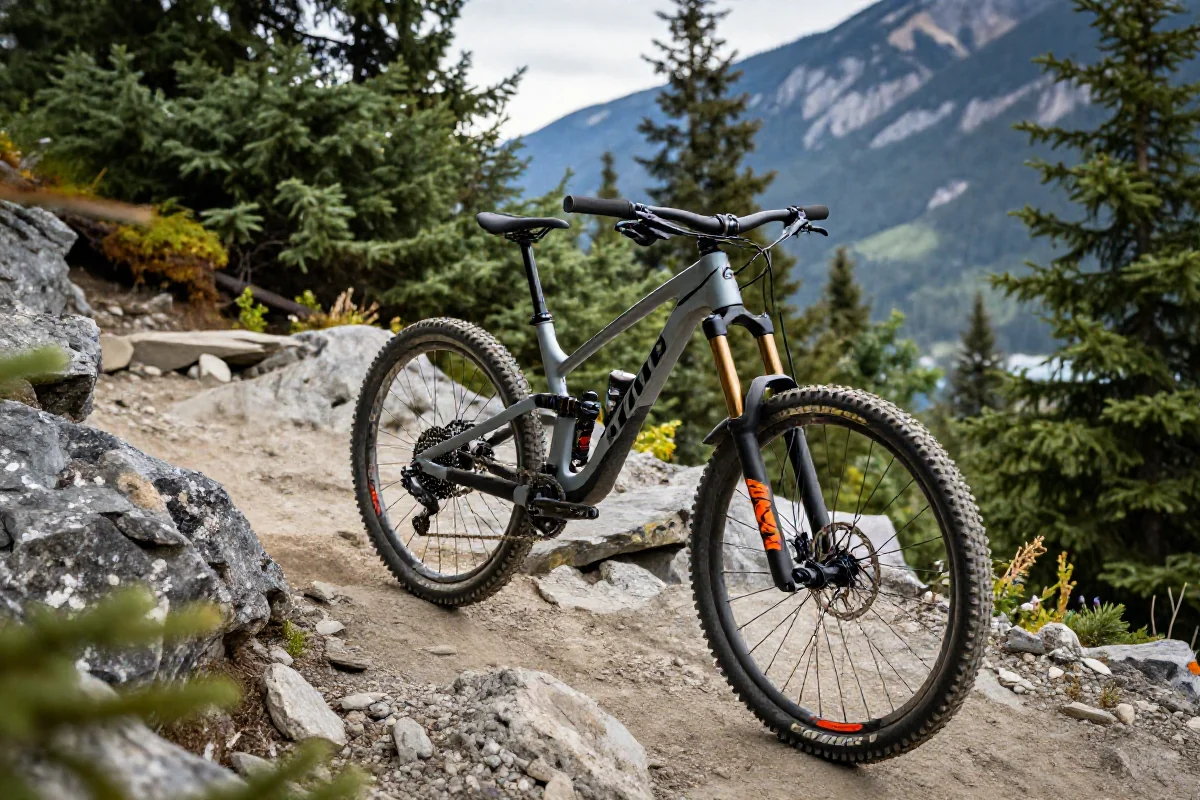 Rower górski na szlaku w bikeparku Whistler, Kolumbia Brytyjska.