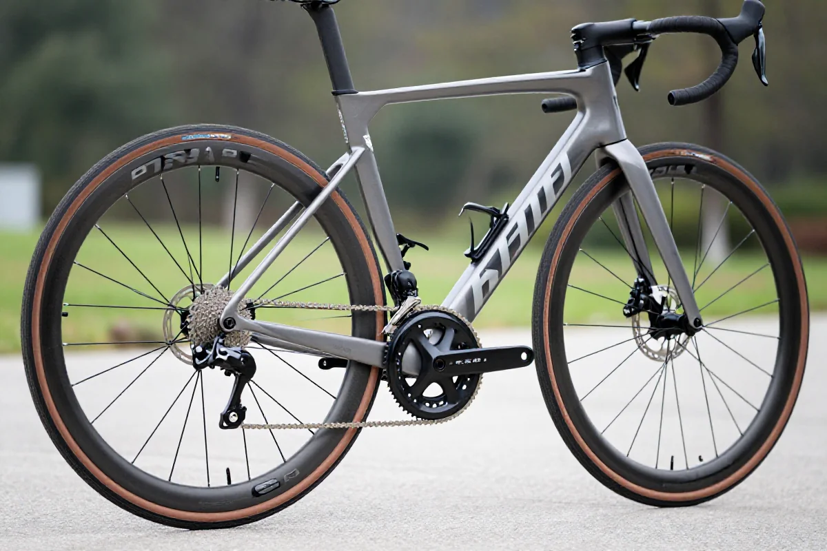 Szerokie opony rowerowe 28mm na nowoczesnym rowerze szosowym.