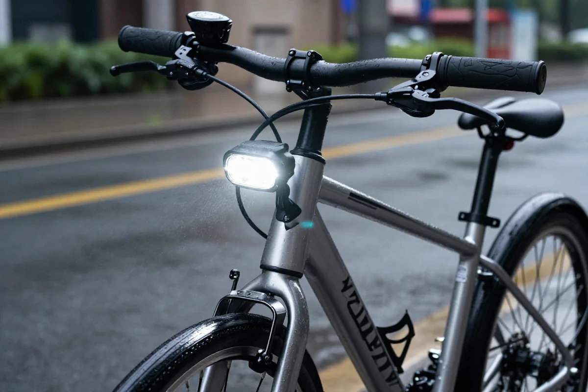 Rower z wysokiej mocy światłami LED w deszczu, podkreślający bezpieczeństwo i widoczność.