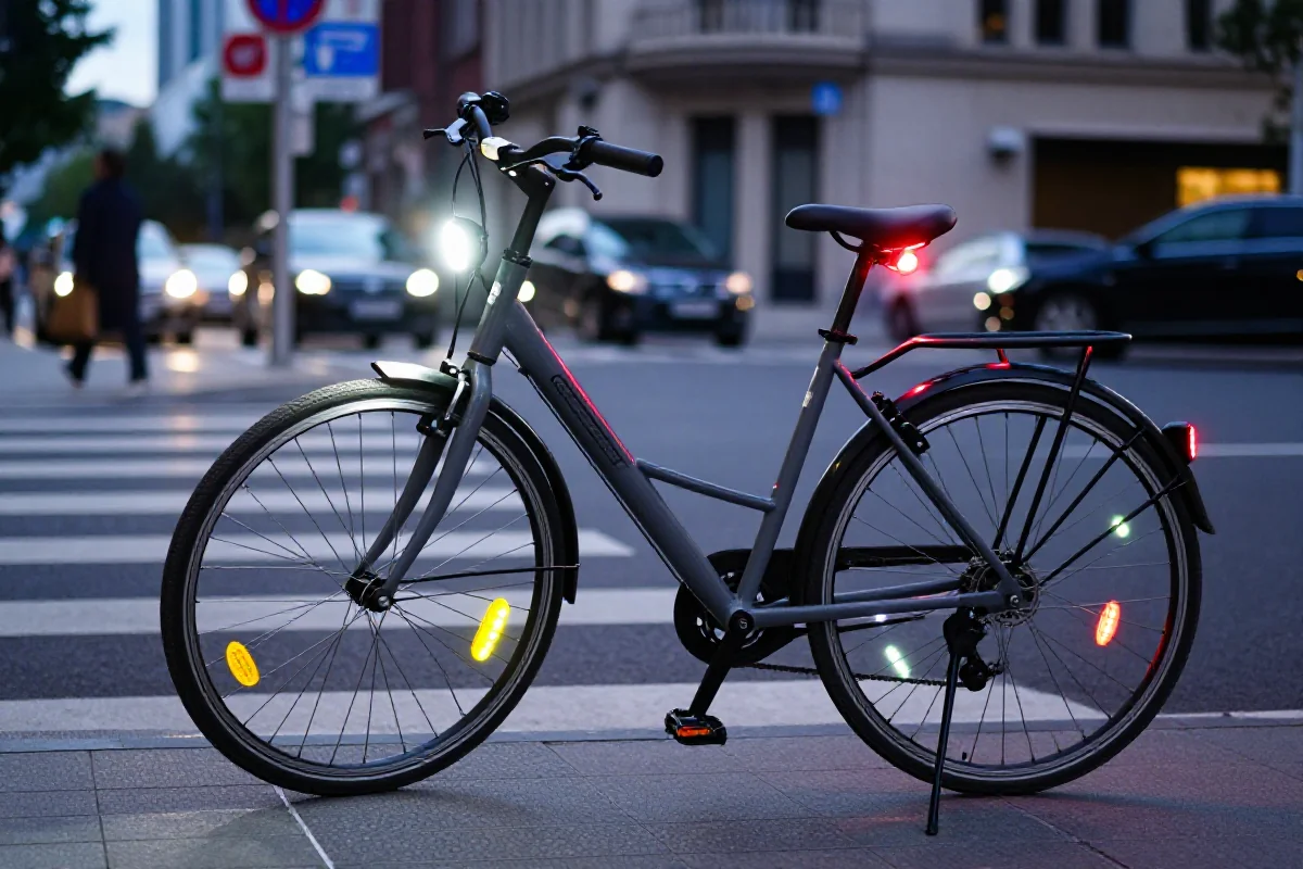 Nowoczesny rower miejski z systemem oświetlenia LED poprawiającym widoczność.