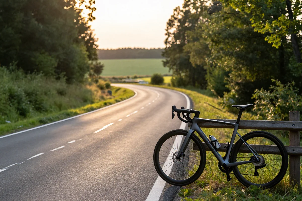 Malownicza trasa rowerowa w Wielkopolsce z widokiem na drogę i rower szosowy.