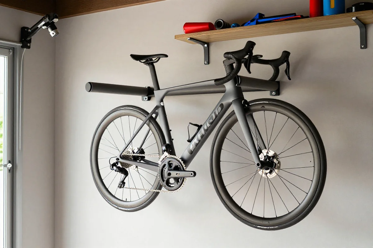 Nowoczesny uchwyt poziomy do roweru w garażu, idealny do przechowywania.