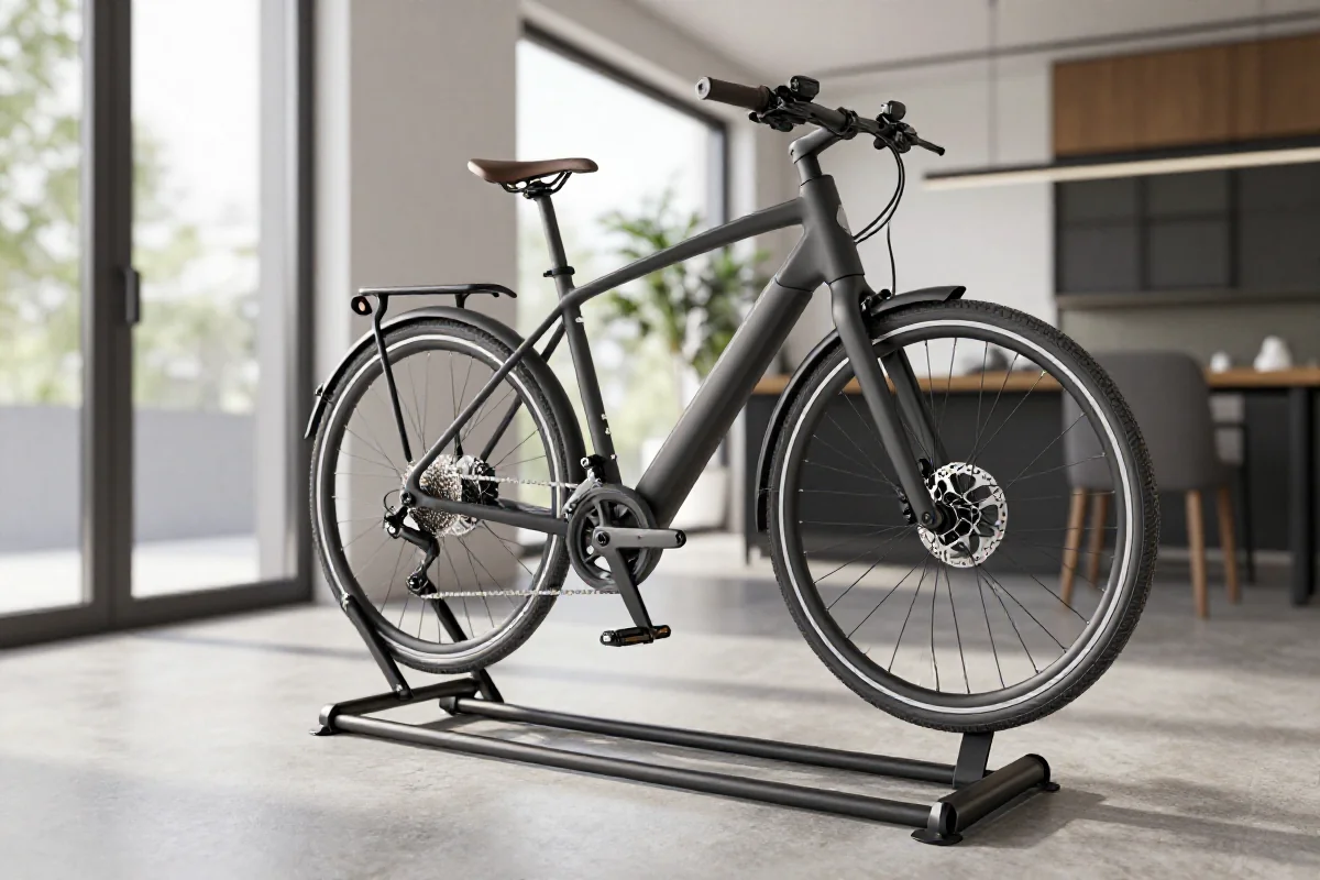 Wieszak sufitowy na e-bike w nowoczesnym mieszkaniu, oszczędność przestrzeni.