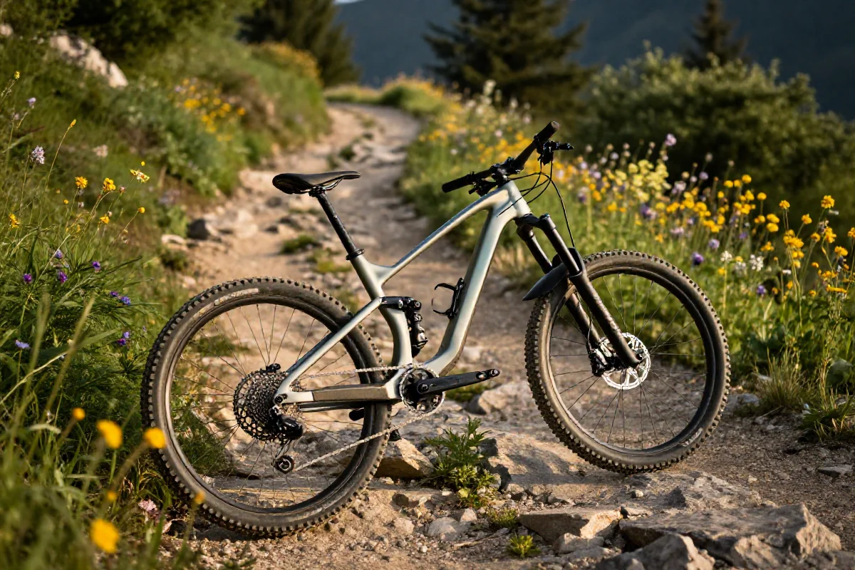 Rower górski na szlaku otoczonym zielenią i dzikimi kwiatami.