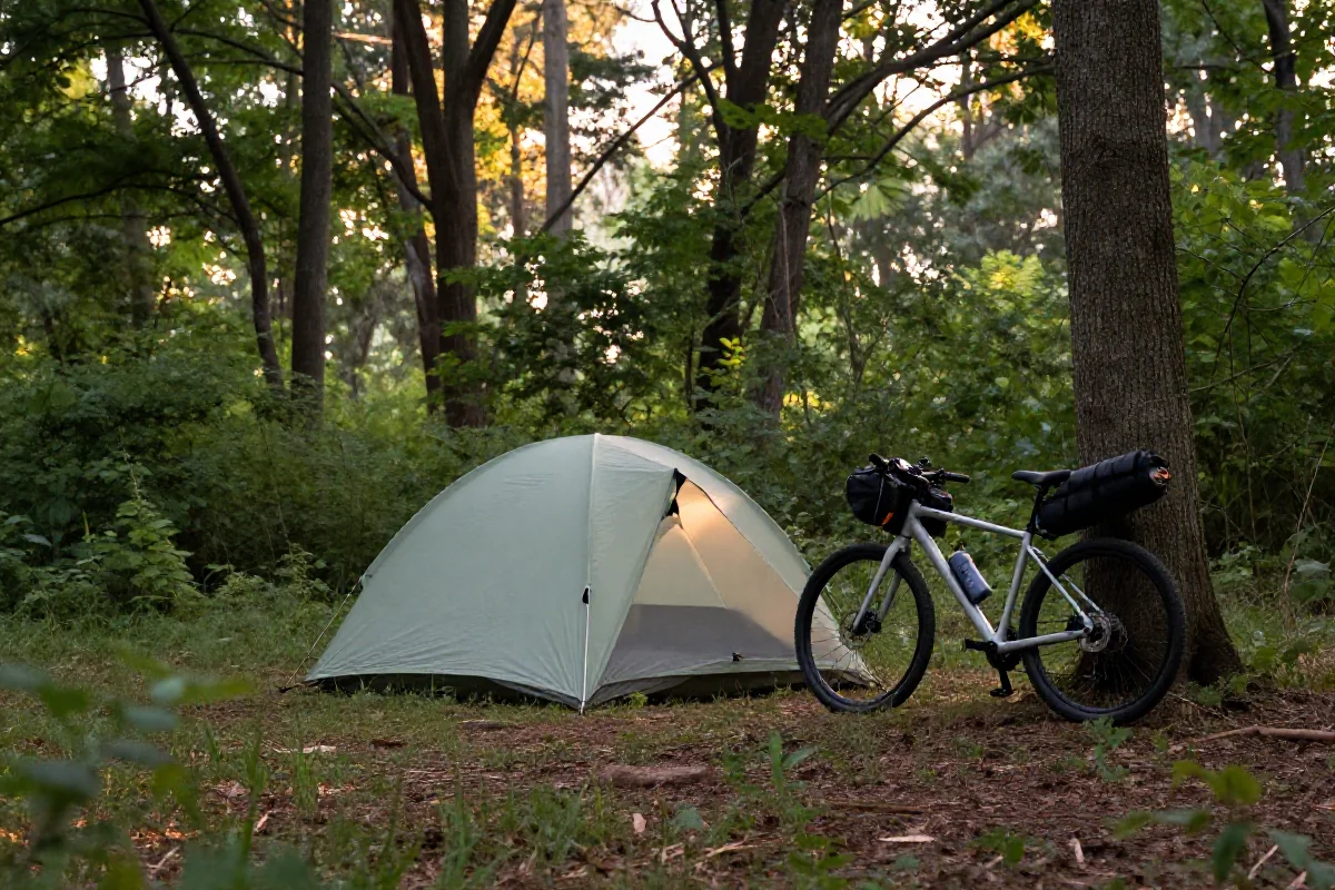 Sprzęt do wild camping z rowerem w lesie, idealny na długie wyprawy rowerowe.