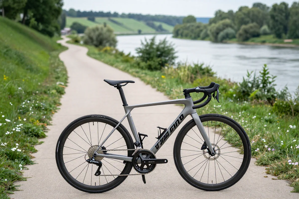 Malowniczy widok na Wiślaną Trasę Rowerową z rowerem szosowym.