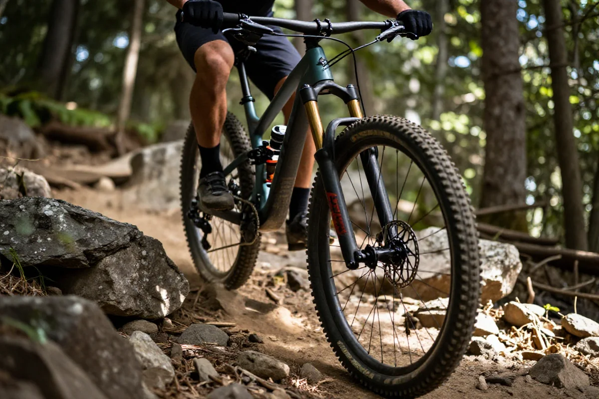 Rower górski na kamienistym zjeździe, technika patrzenia w przód.