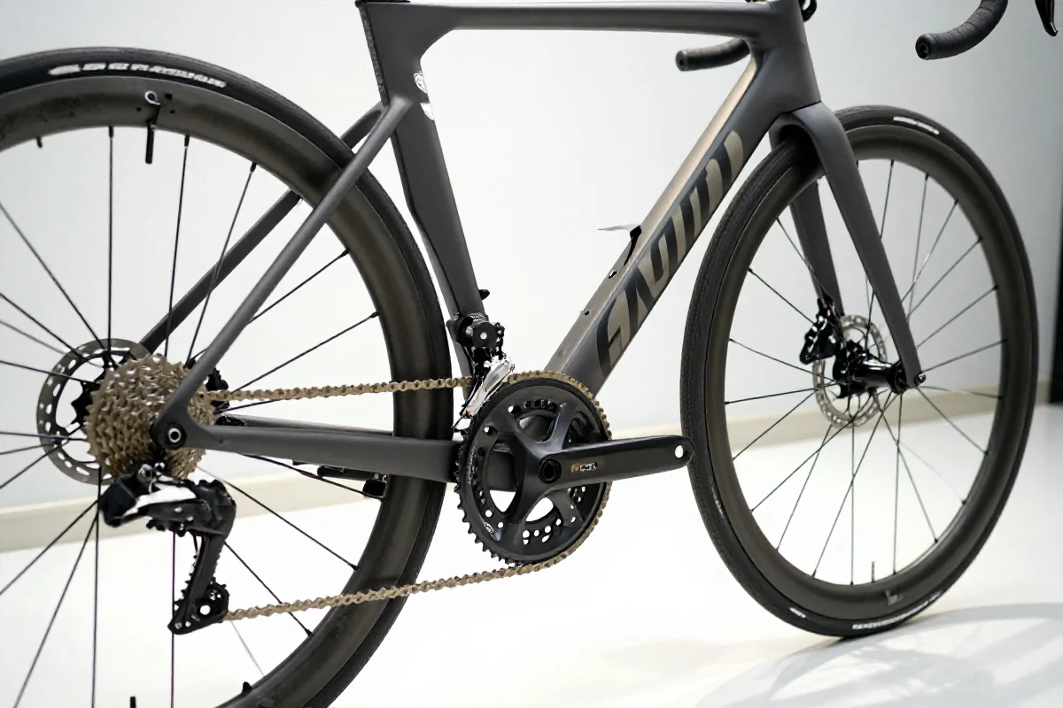 Szczegółowy widok na wysokowydajny rower szosowy z zaawansowanymi komponentami