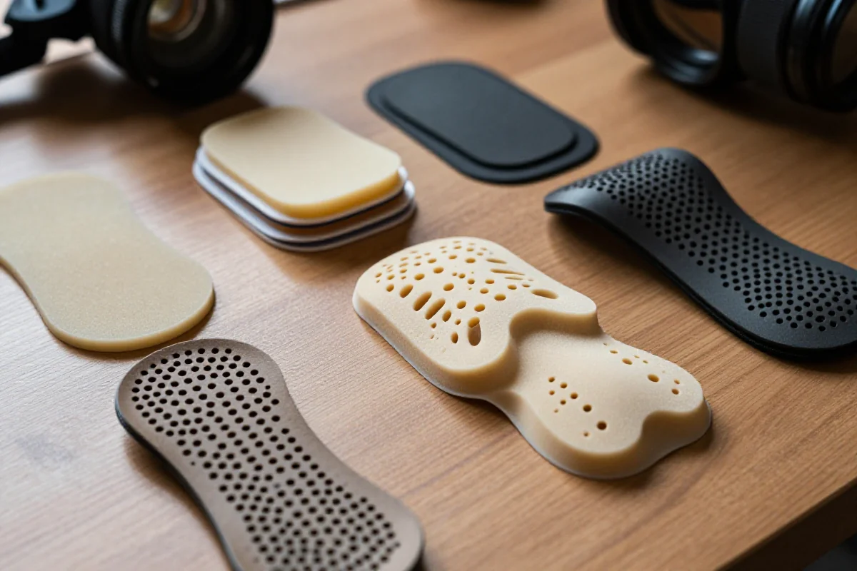 Różne wkładki gel do bielizny rowerowej na drewnianym stole.