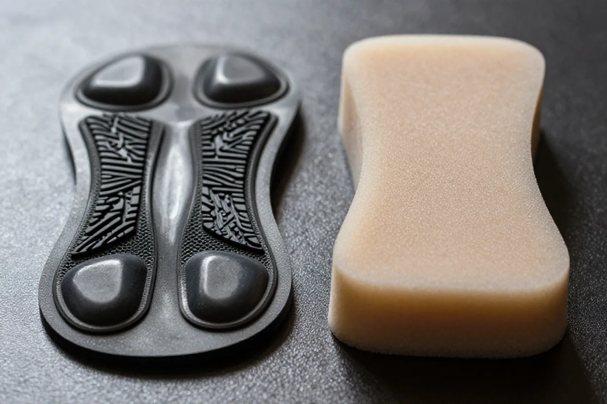 Wkładki żelowe i piankowe chamois do spodenek kolarskich na teksturowanej powierzchni.