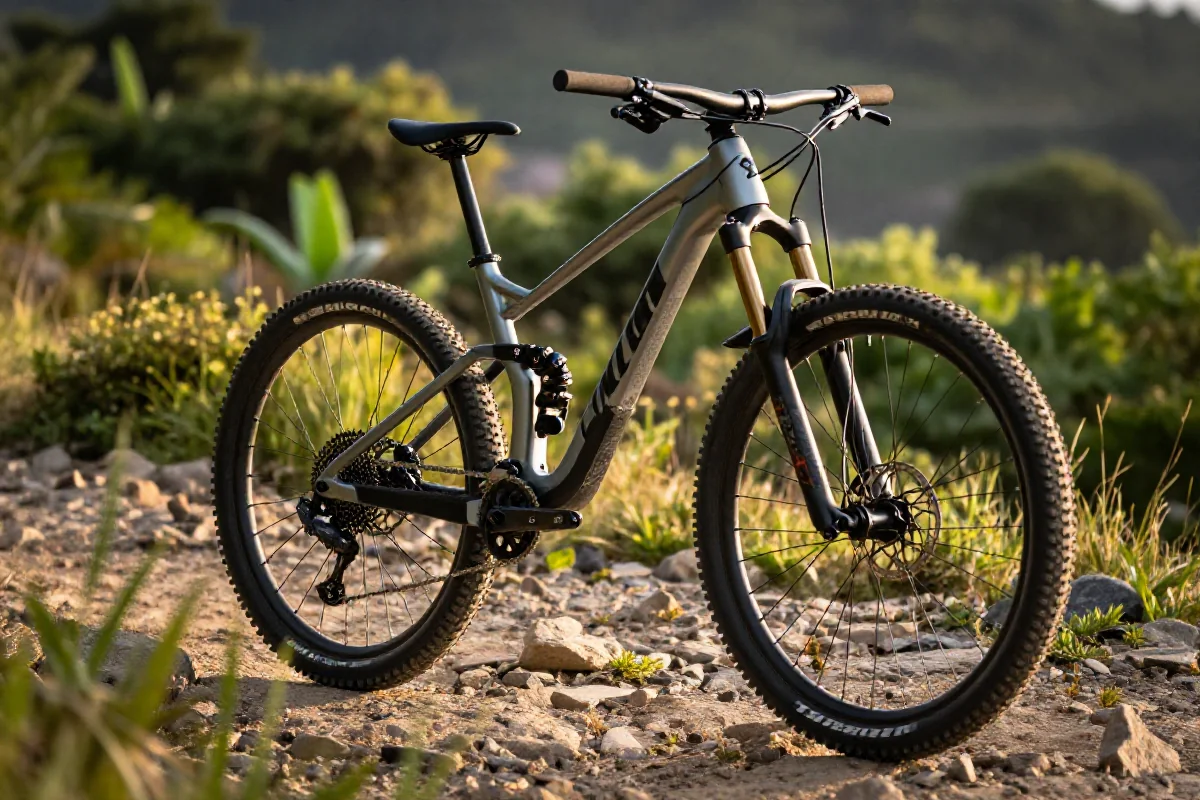 Wysokiej jakości rower górski na szlaku, idealny do leasingu pracowniczego.