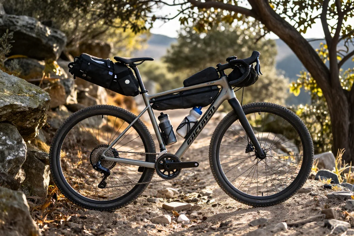 Zestaw bikepackingowy z rowerem, systemem nawadniającym i filtrami na szlaku