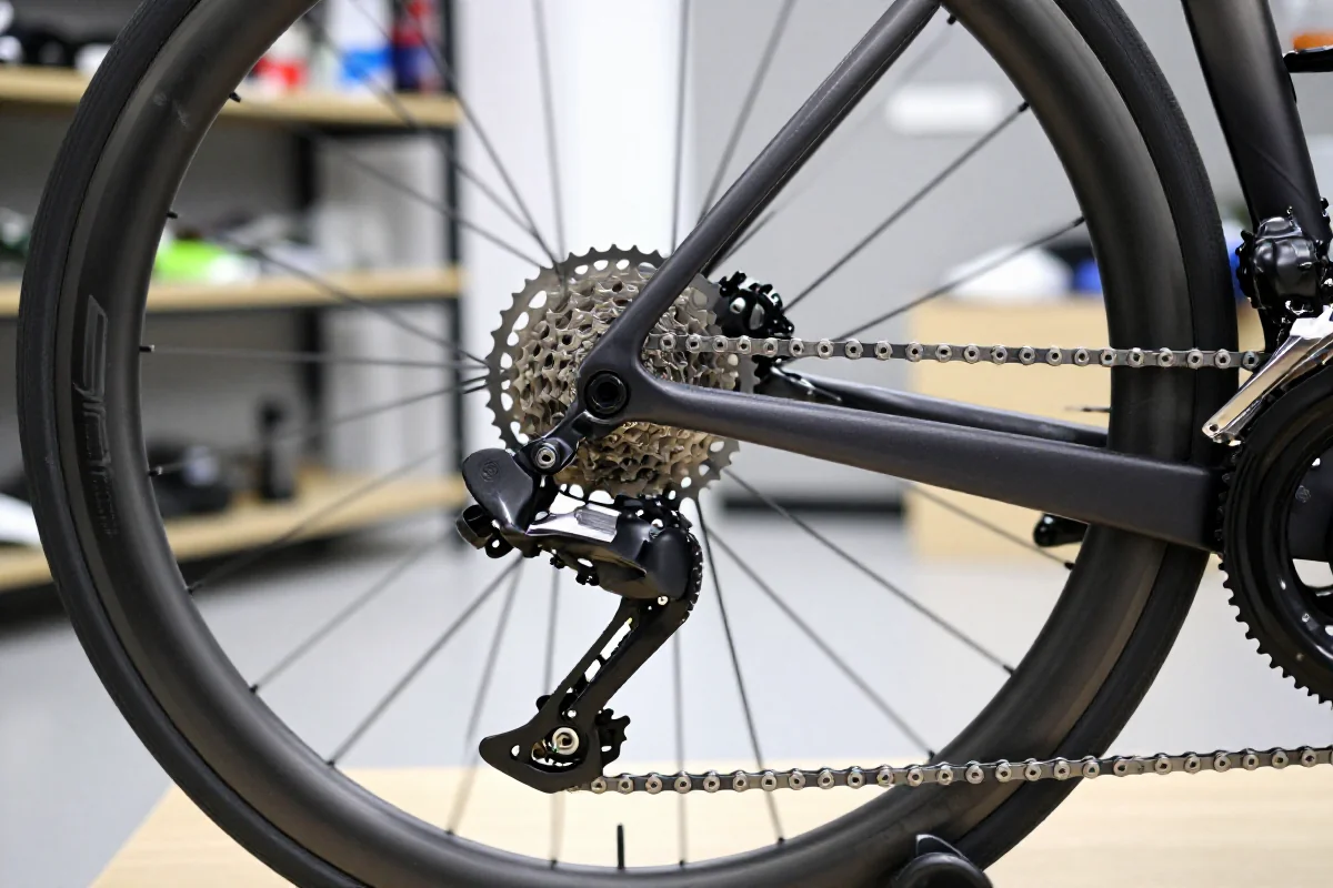 Szczegóły napędu roweru szosowego z widocznym przerzutnikiem i kasetą.