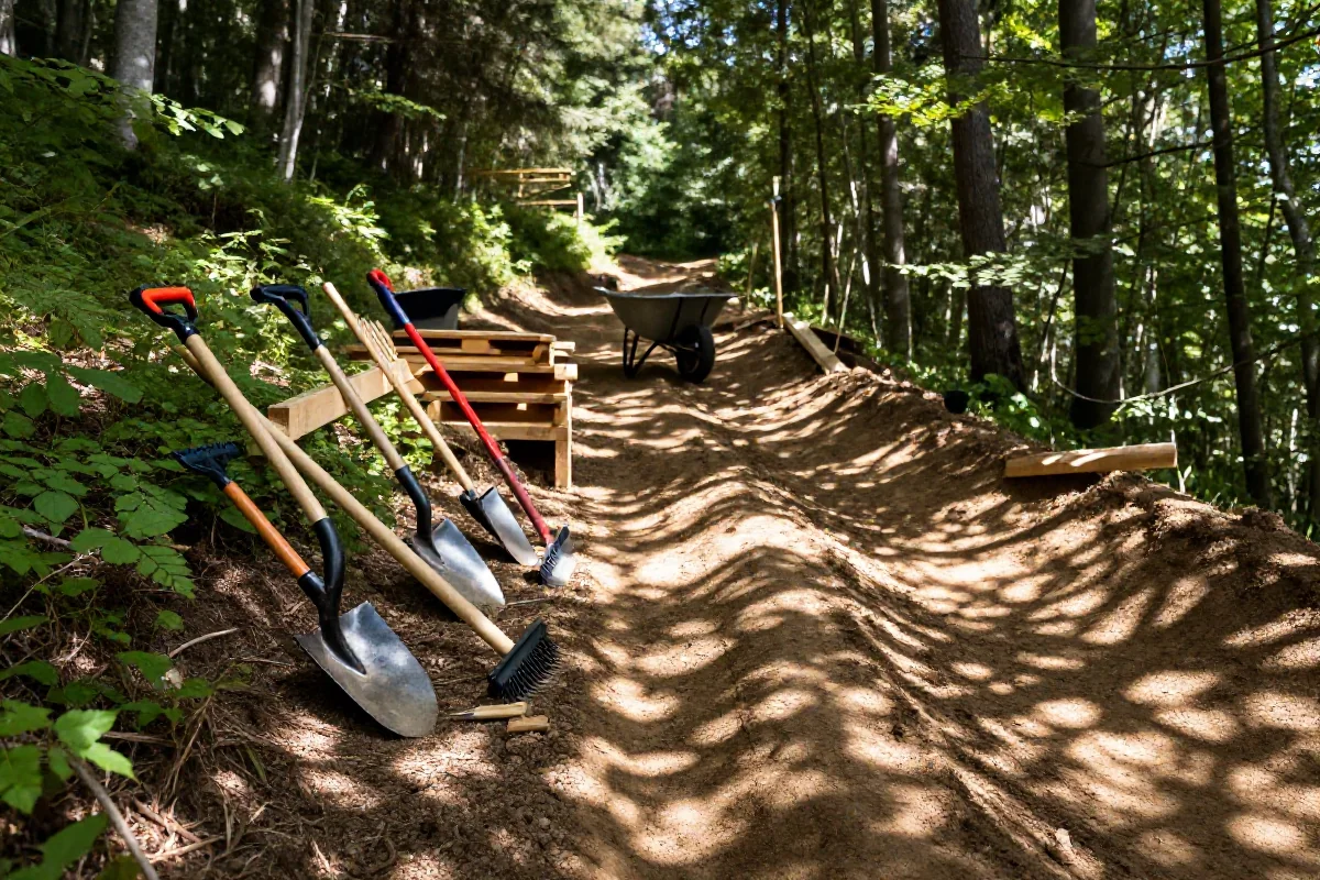 Budowa szlaku rowerowego górskiego w lesie z narzędziami budowlanymi.