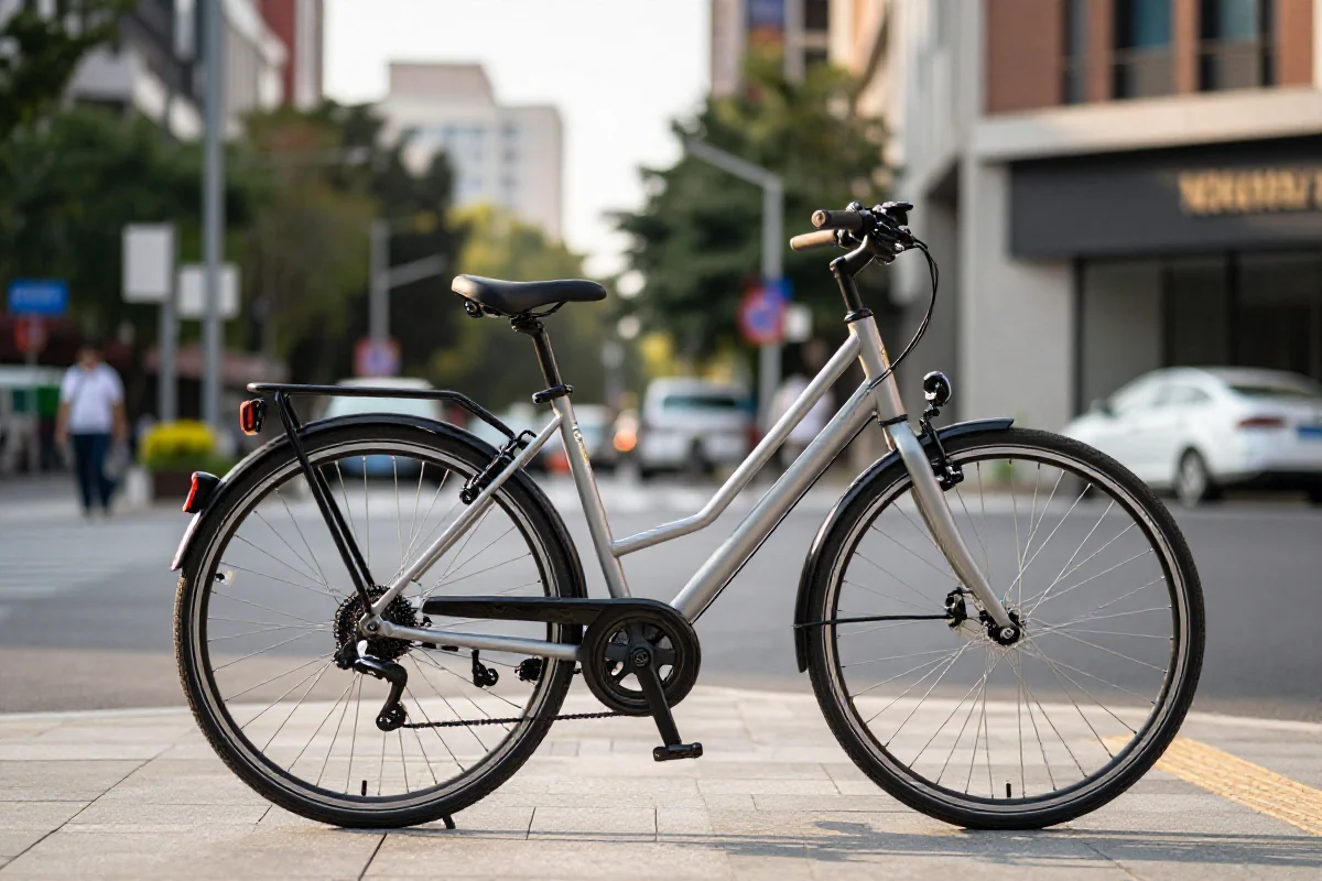 Rower komuterowy w miejskim otoczeniu, promujący zdrowy styl życia.