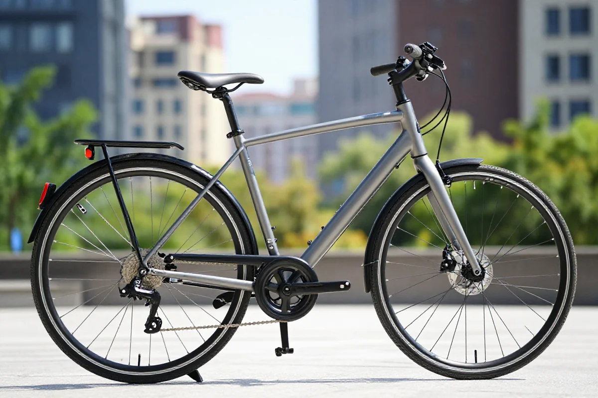 Nowoczesny rower miejski na tle miejskiego krajobrazu, wpływ na środowisko.