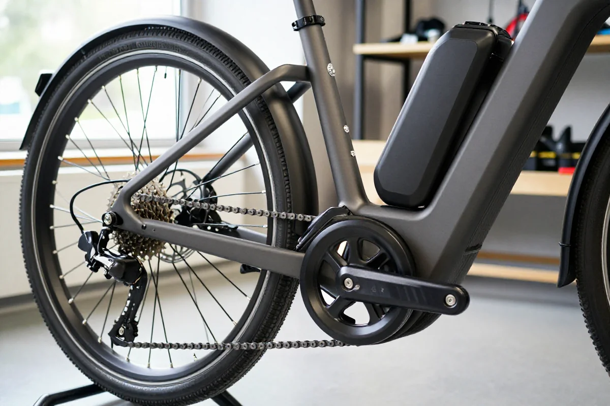 Szczegółowy widok systemu biegów i baterii roweru elektrycznego.