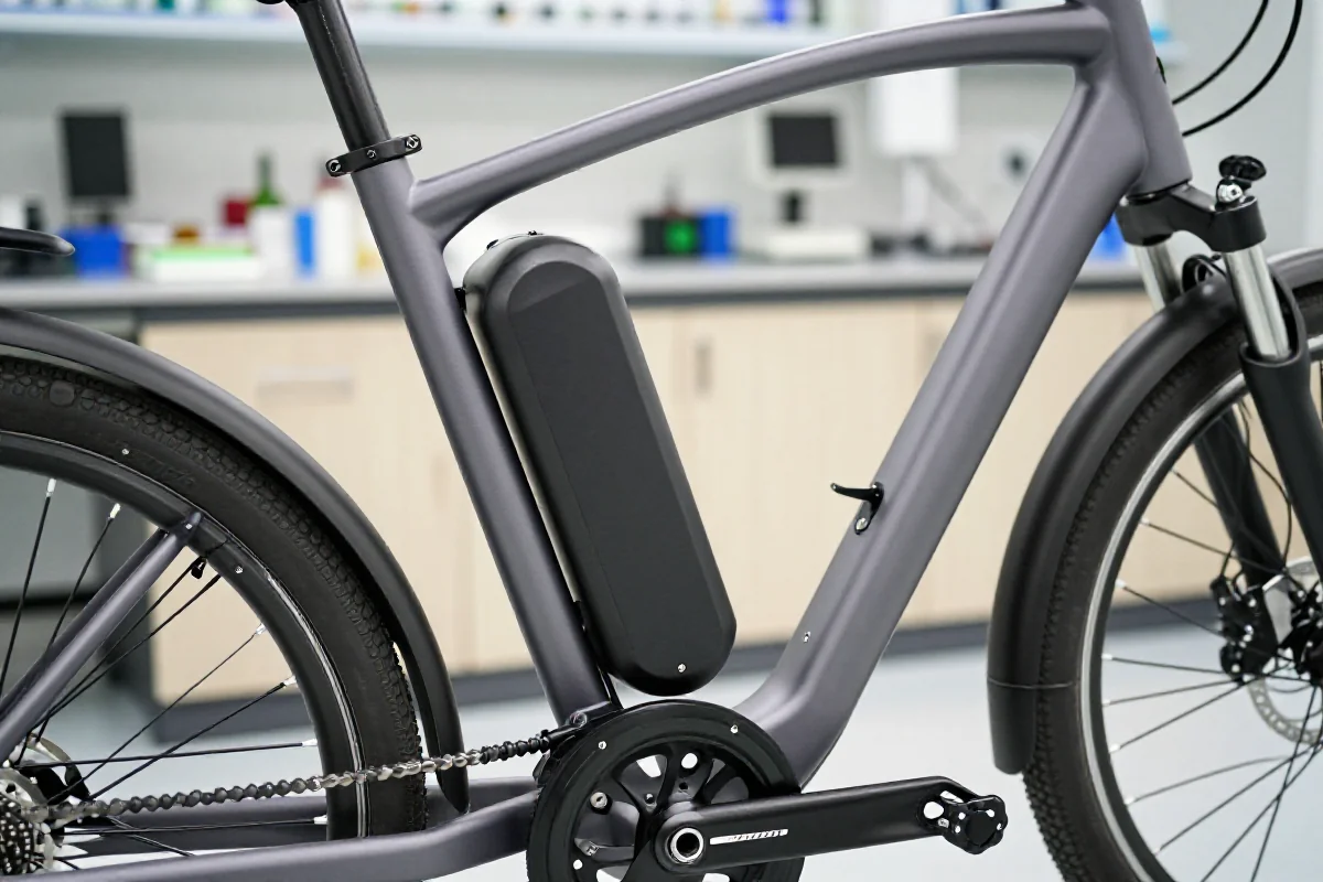 Nowoczesny akumulator roweru elektrycznego w laboratorium, ukazujący szczegóły techniczne.
