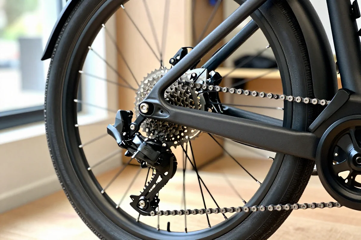 Widok na system zmiany biegów w rowerze elektrycznym, zintegrowany z silnikiem.