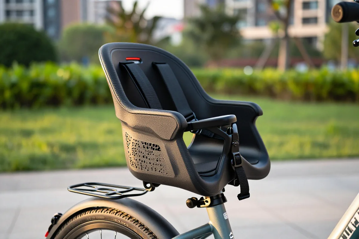 Fotelik rowerowy na rowerze elektrycznym w parku, idealny do przewozu dzieci.