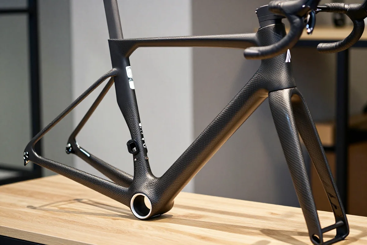 Zbliżenie na wysokiej jakości ramę rowerową z włókna węglowego.