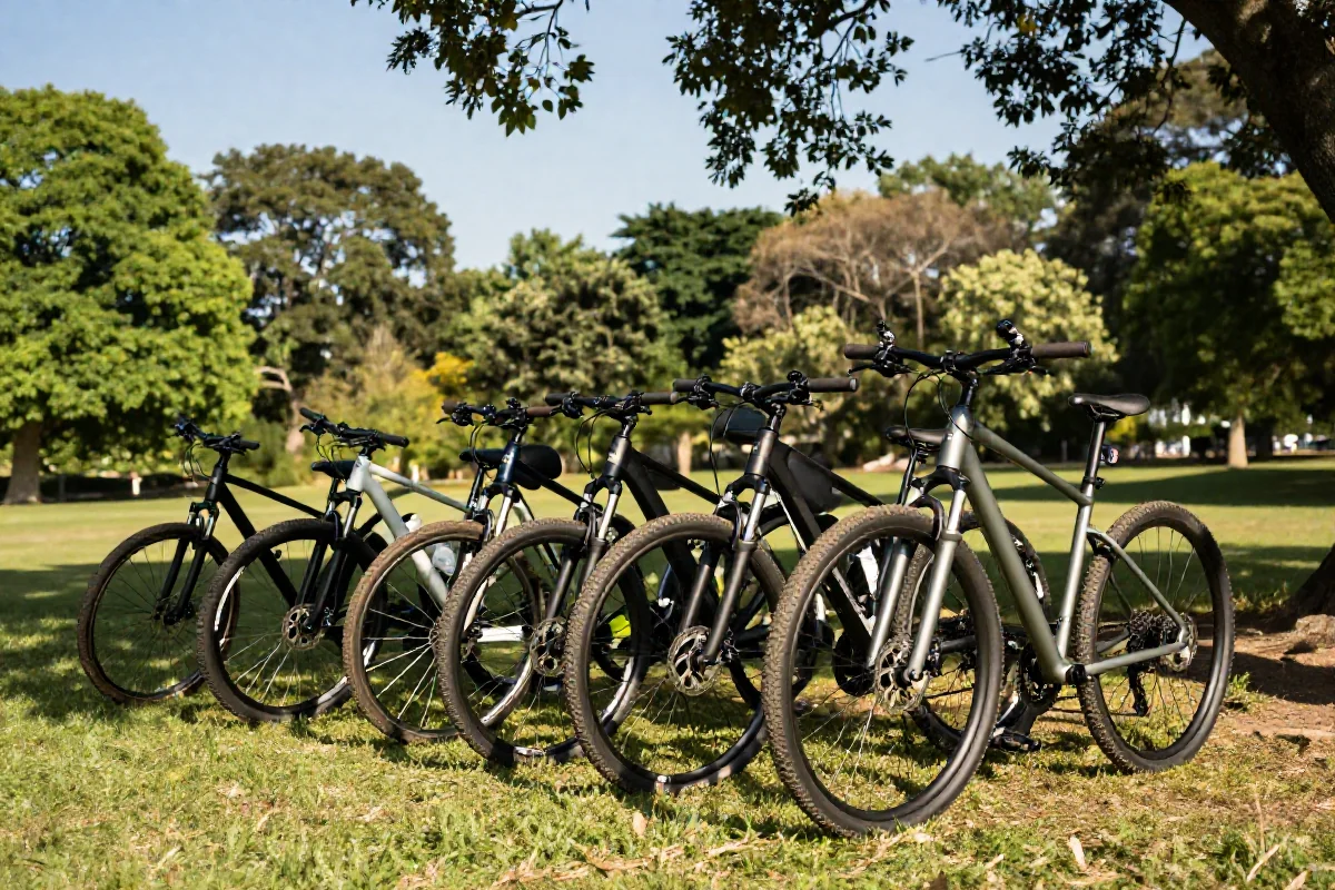Różnorodne rowery w parku, idealne na wycieczki rowerowe.