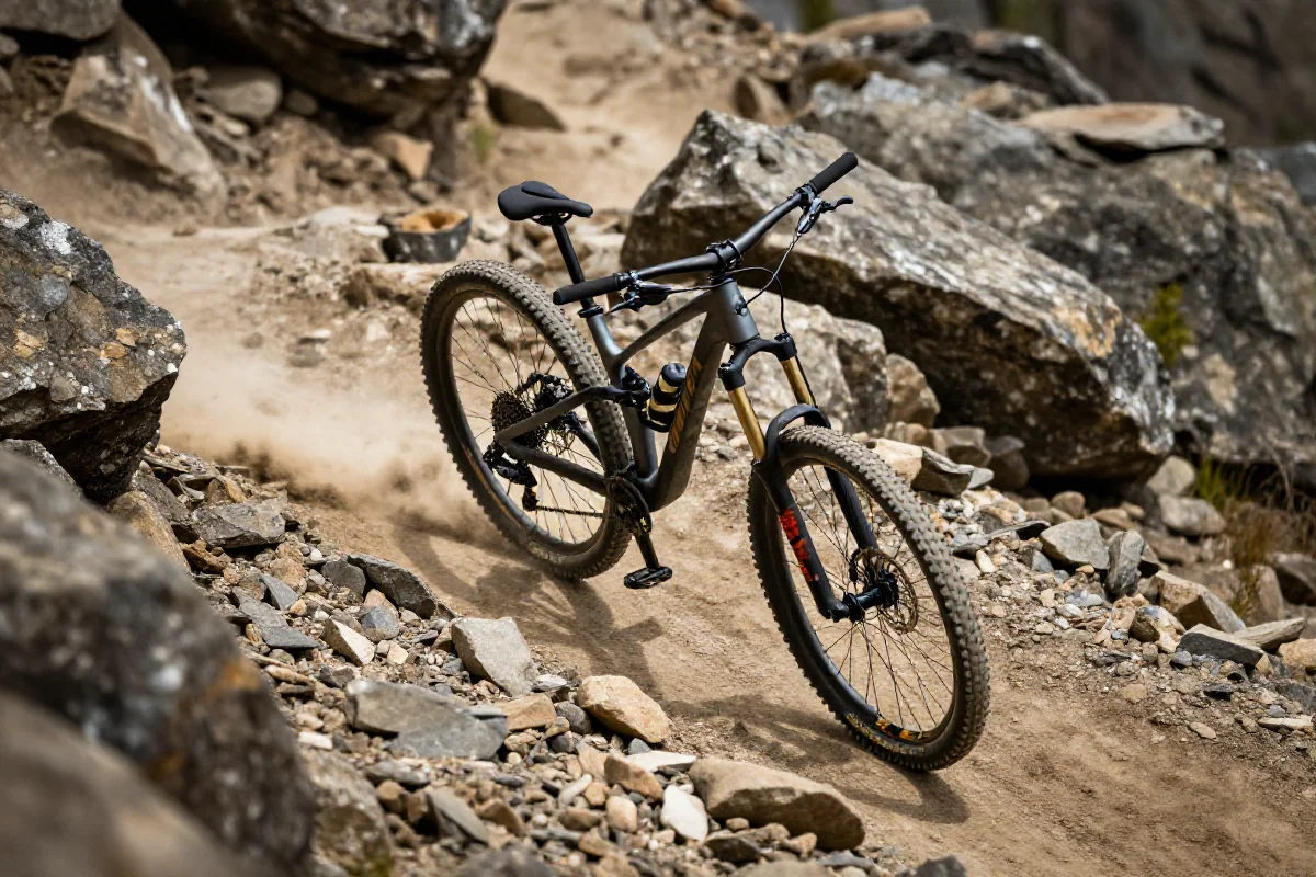 Rower górski na zjeździe, ukazujący techniki jazdy w trudnym terenie.