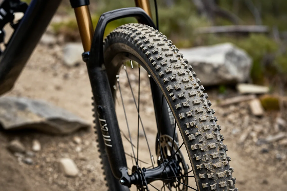 Opona roweru górskiego na trudnym zjeździe, ukazująca szczegóły bieżnika.