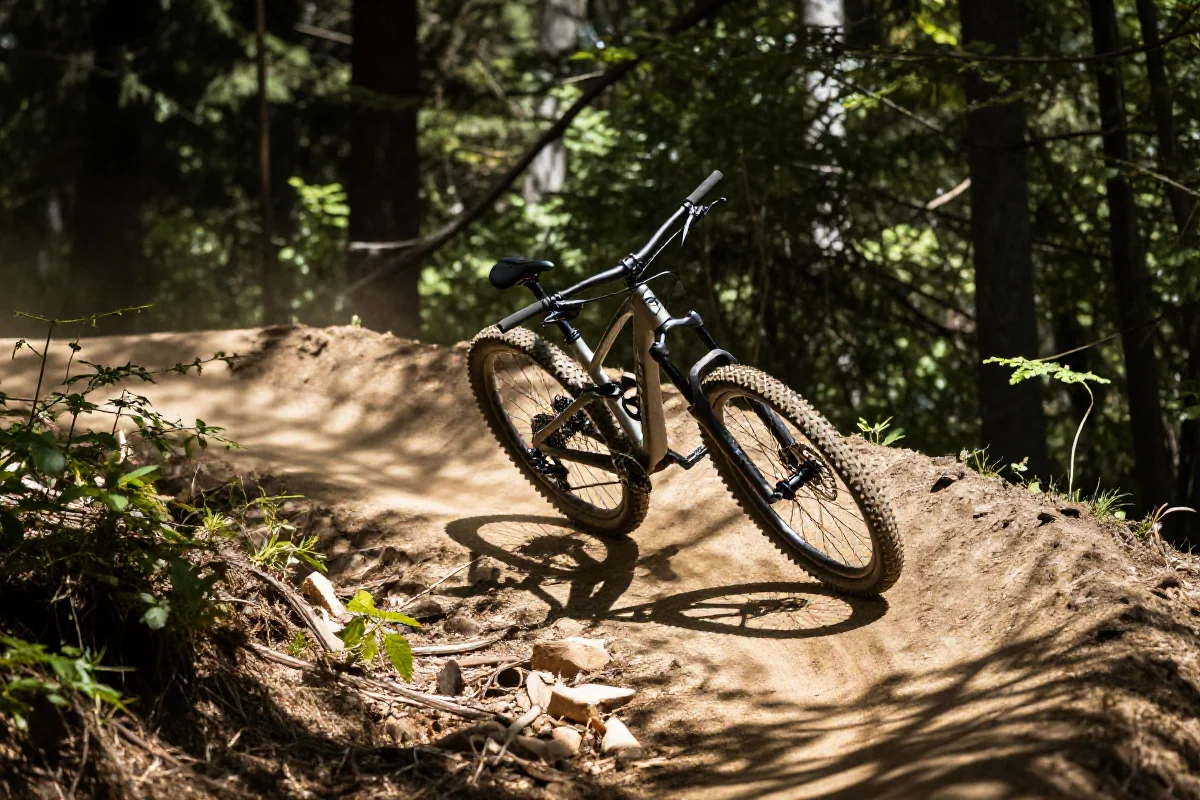 Rower górski na zakręcie bermowym w lesie, techniki jazdy MTB.