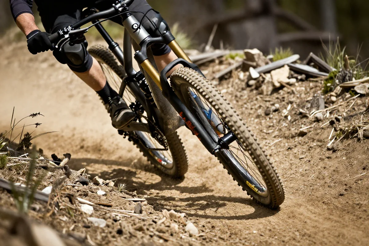 Rower górski pokonujący bermę, technika jazdy na trasie MTB.