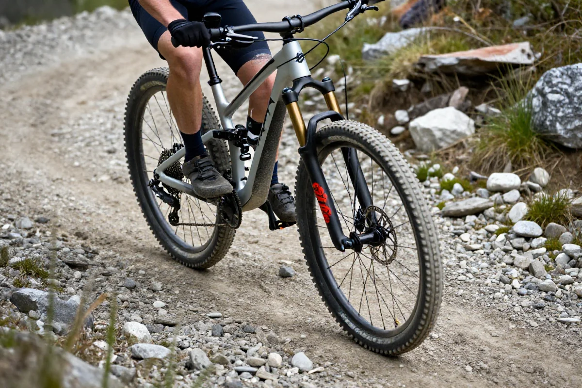 Rower górski na luźnym żwirze podczas jazdy w terenie