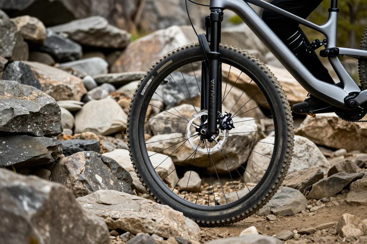 Nowoczesny rower górski pokonujący trudny rock garden z kamieniami