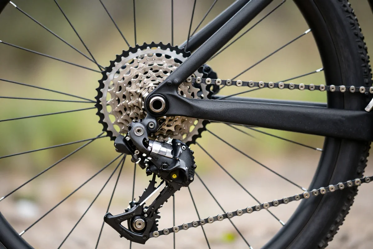 Szczegóły systemu napędowego roweru górskiego, kładąc nacisk na kadencję.
