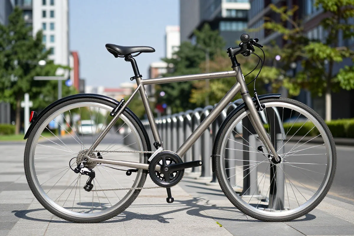 Rower miejski na parkingu w miejskiej scenerii, idealny do dojazdów do pracy.