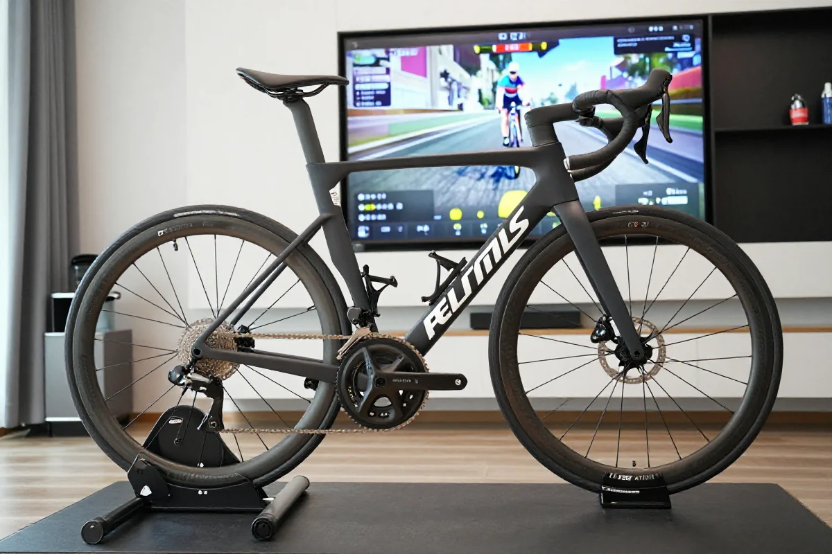 Nowoczesny sprzęt do treningu wirtualnego z rowerem szosowym i trenażerem