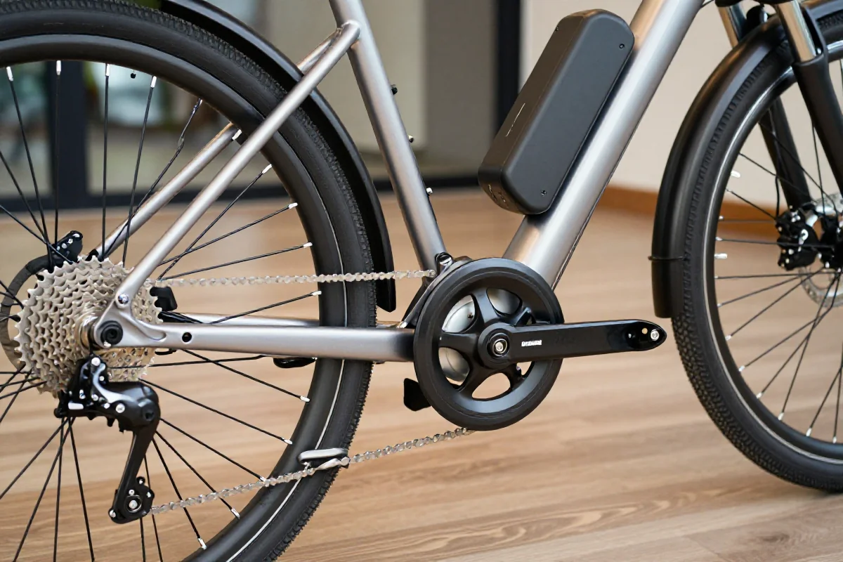 Zbliżenie elektrycznego roweru, ukazujące detale ramy i komponentów.