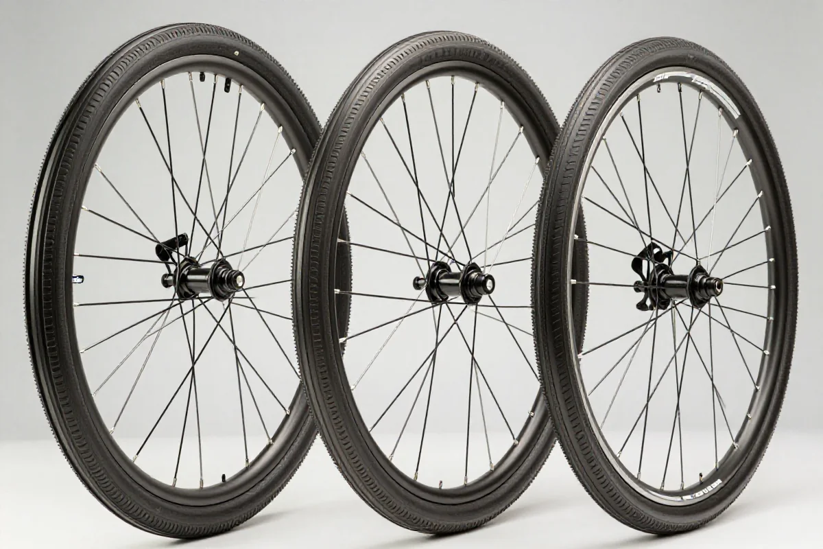 Trzy różne rozmiary kół rowerowych: 26 cali, 28 cali i 700c.