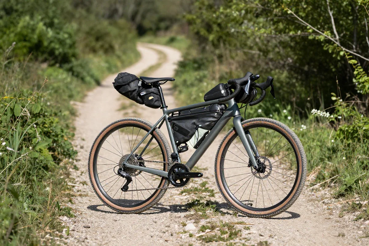 Rower gravelowy na trasie bikepackingowej w otoczeniu zieleni