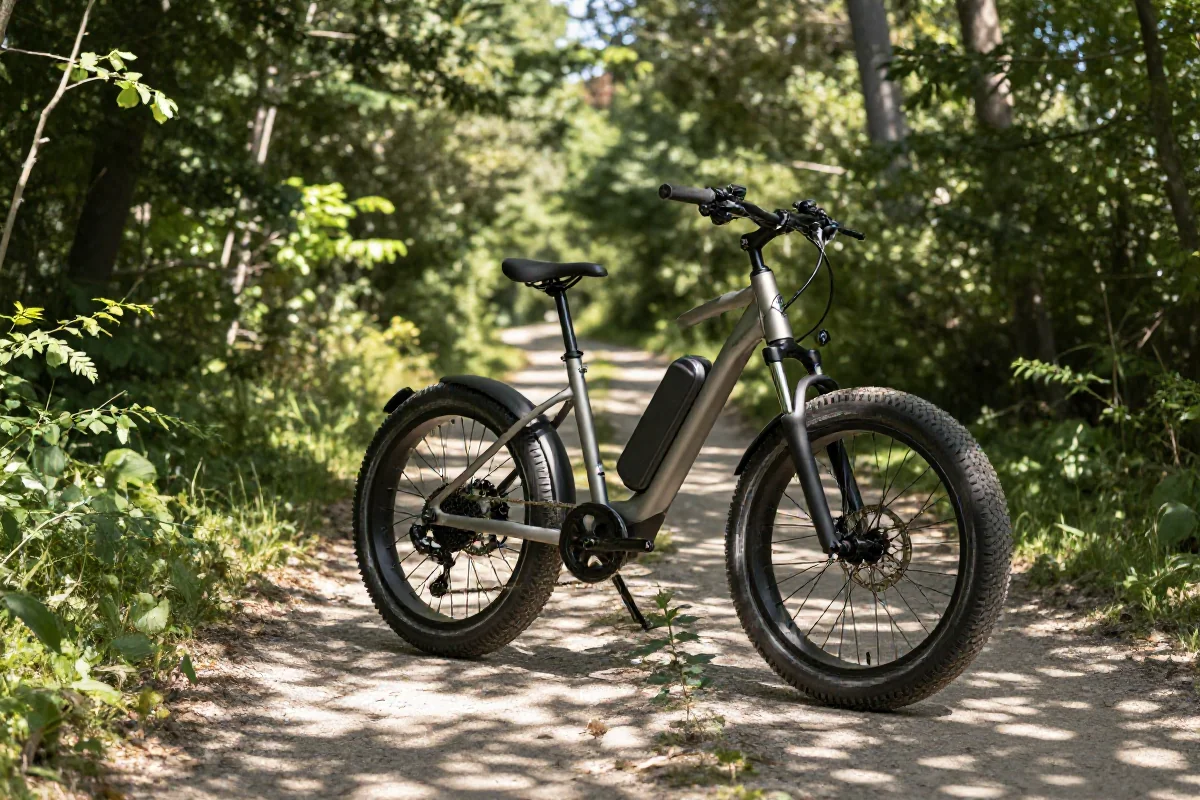 Rower elektryczny na malowniczym szlaku, idealny do planowania tras rowerowych.