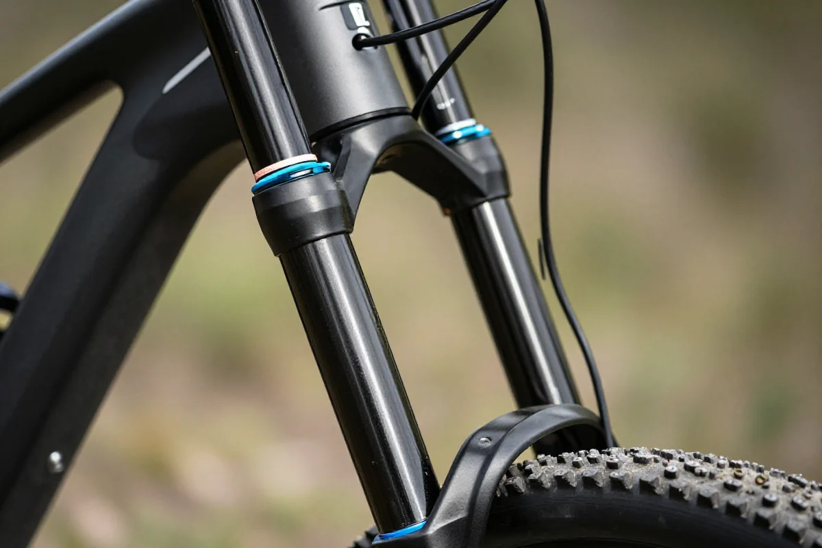 Wyciek oleju z widelca roweru górskiego, szczegóły systemu zawieszenia.