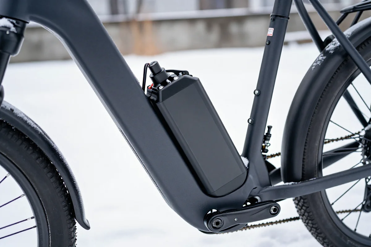 Bateria litowo-jonowa w rowerze elektrycznym w zimowym otoczeniu