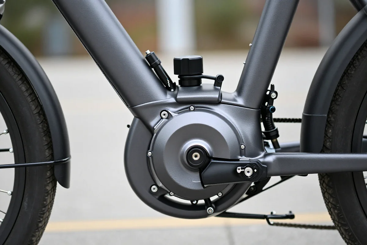 Silnik elektryczny roweru z bliska, podkreślający szczegóły techniczne.