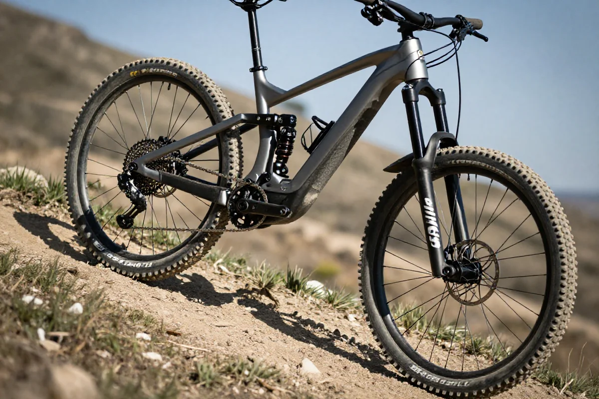 Rower elektryczny na stromym terenie, ukazujący komponenty i detale.