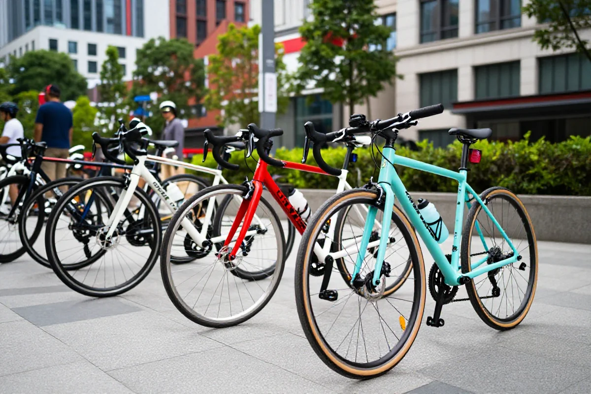 Grupa rowerów w miejskim otoczeniu podczas wydarzenia rowerowego.