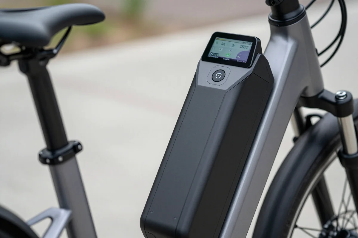 Nowoczesny rower elektryczny z wyświetlaczem diagnostycznym i baterią.