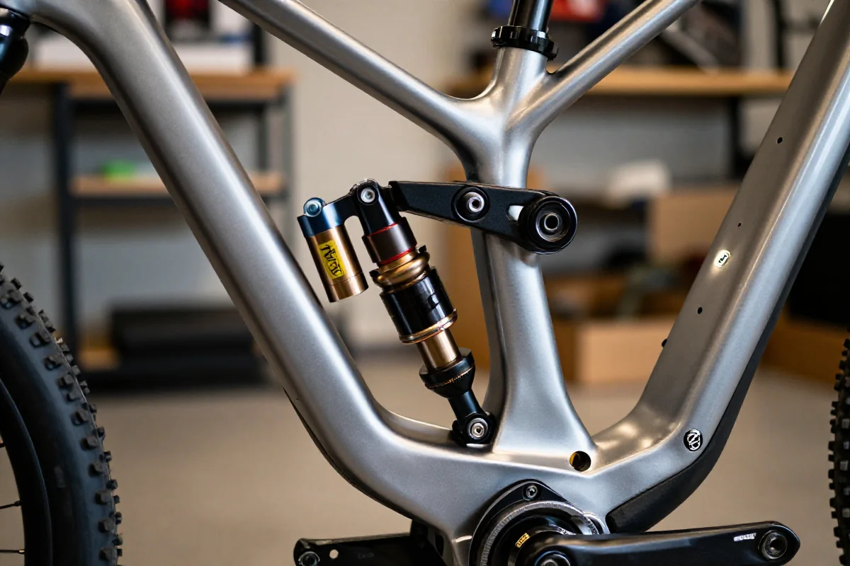 Szczegóły zawieszenia roweru górskiego pod kątem, ukazujące jego komponenty.