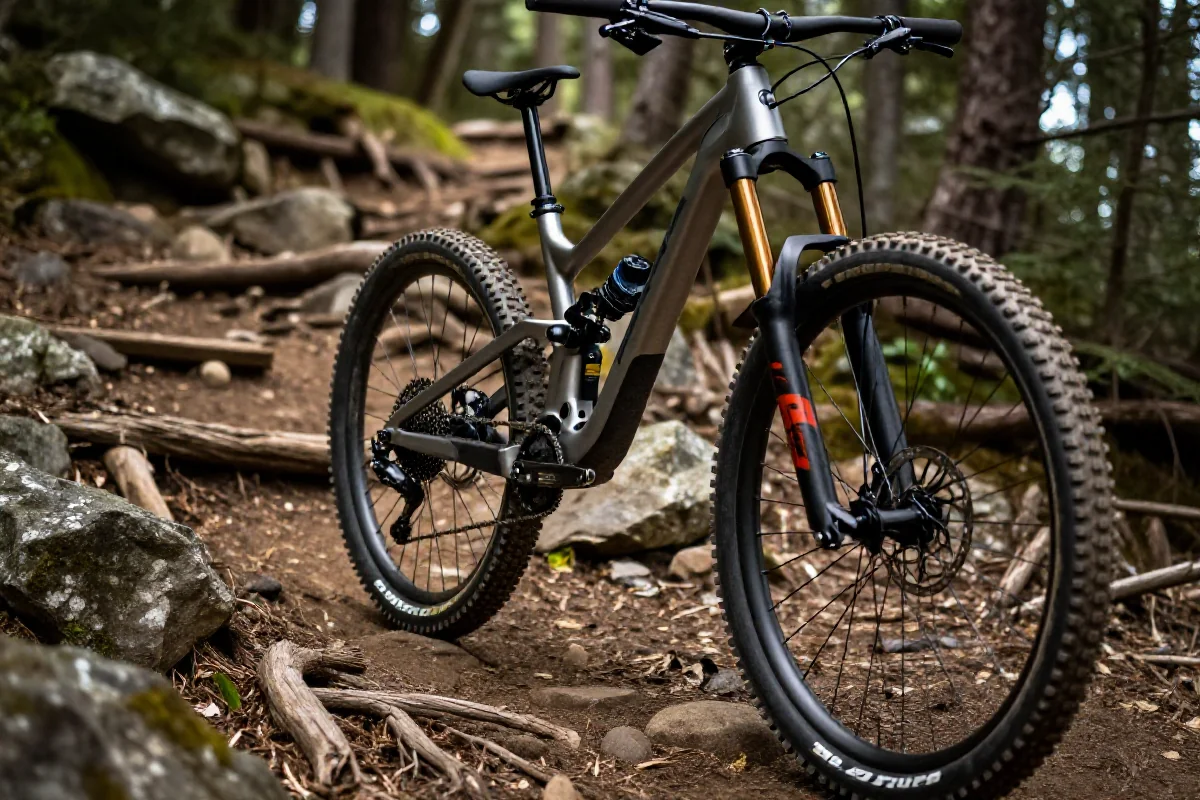 Rower górski enduro na szlaku leśnym, z widocznymi kamieniami i korzeniami.