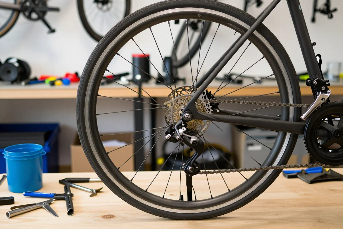 Wymiana dętki rowerowej w warsztacie, detale koła i narzędzi.