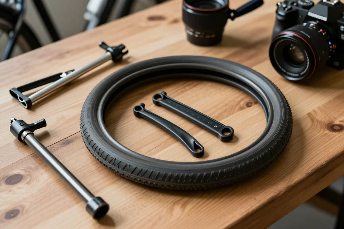Zestaw narzędzi do wymiany dętki rowerowej na stole warsztatowym.