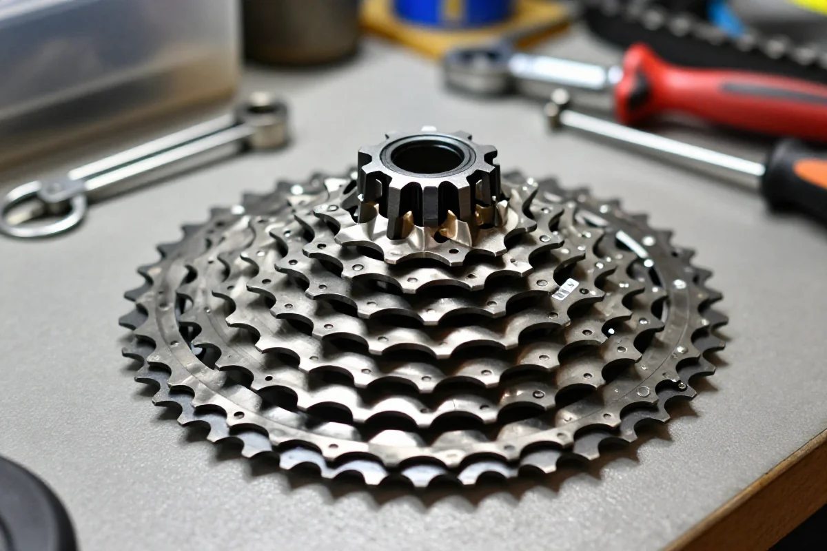 Zbliżenie na 12-rzędową kasetę rowerową na warsztacie